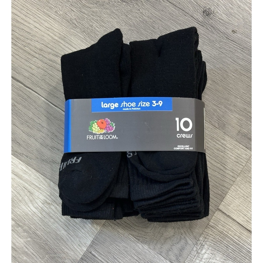 Fruit of the Loom Youth Dual Defense 9 Pairs of Crew Socks  - BLACK Open Package